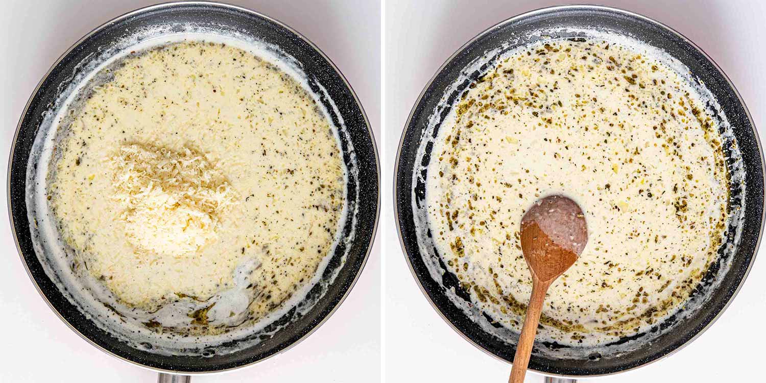 process shots showing how to make creamy butter garlic spaghetti.