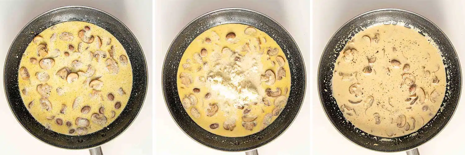 process shots showing how to make creamy garlic mushroom chicken.