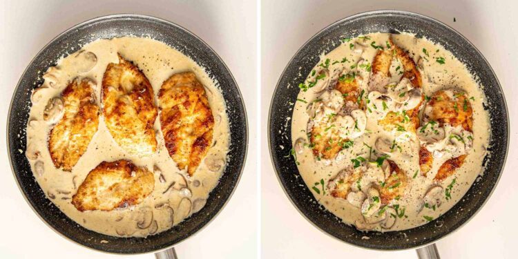 process shots showing how to make creamy garlic mushroom chicken.