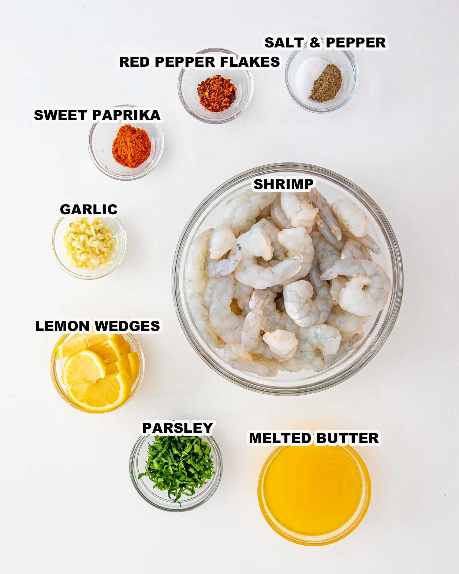 ingredients needed to make sheet pan garlic butter shrimp.