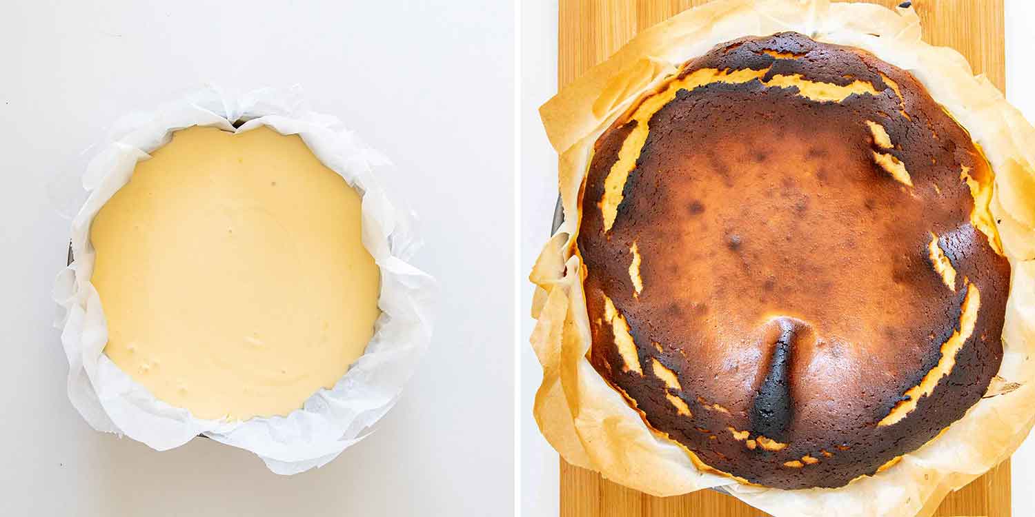 process shots showing how to make burnt basque cheesecake.