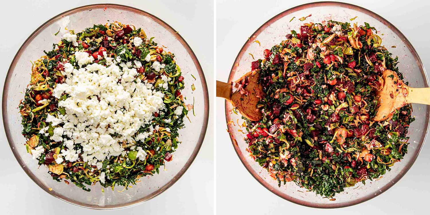 process shots showing how to make kale and brussels sprouts salad.