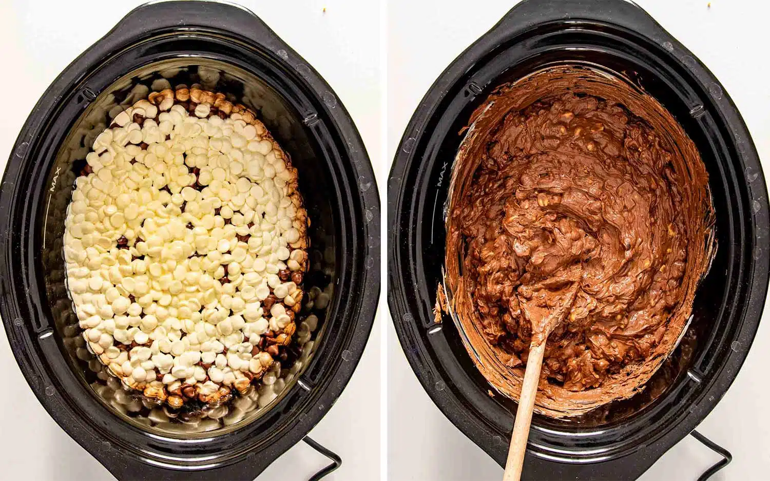 process shots showing how to make slow cooker chocolate candy.