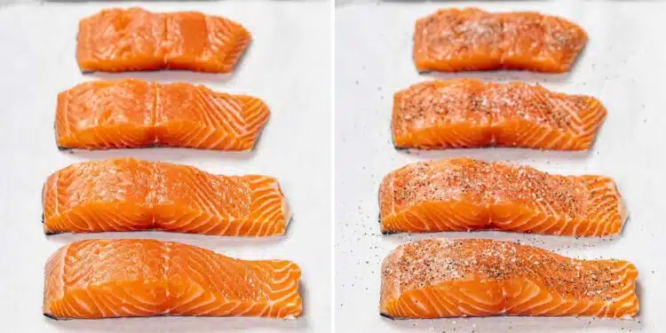 process shots showing how to make baked salmon with mustard glaze.