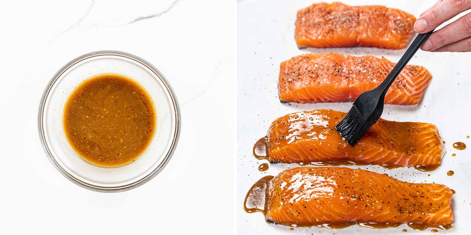process shots showing how to make baked salmon with mustard glaze.