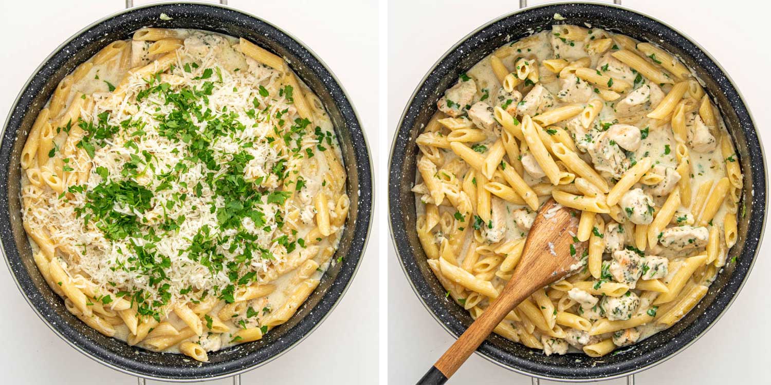 process shots showing how to make chicken kiev pasta.