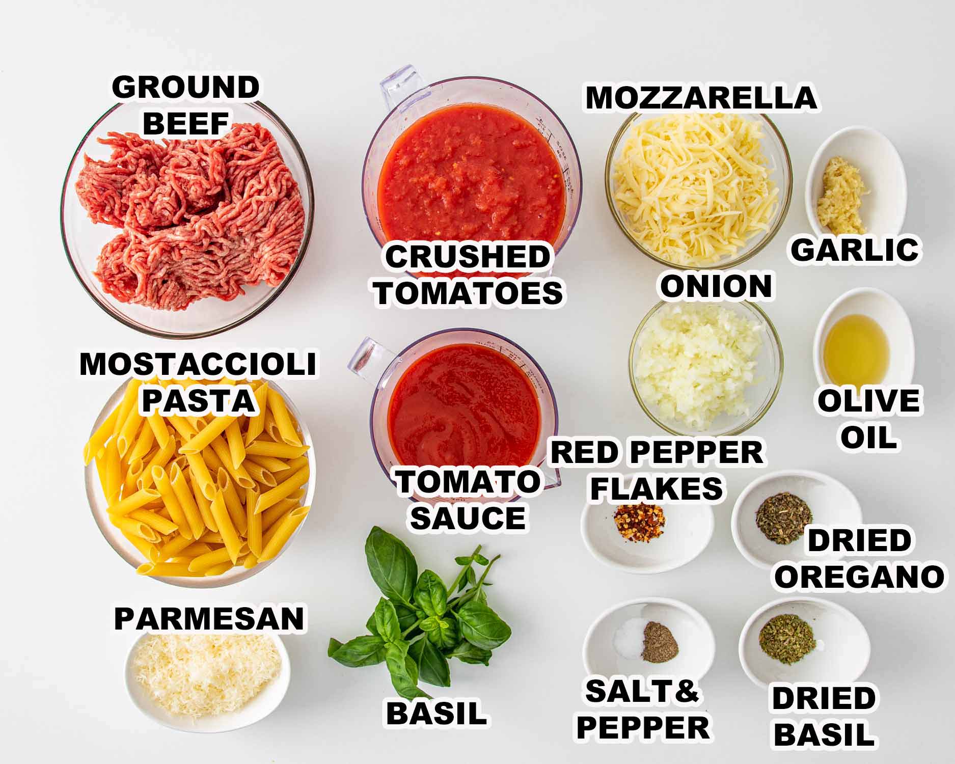 ingredients needed to make baked mostaccioli.