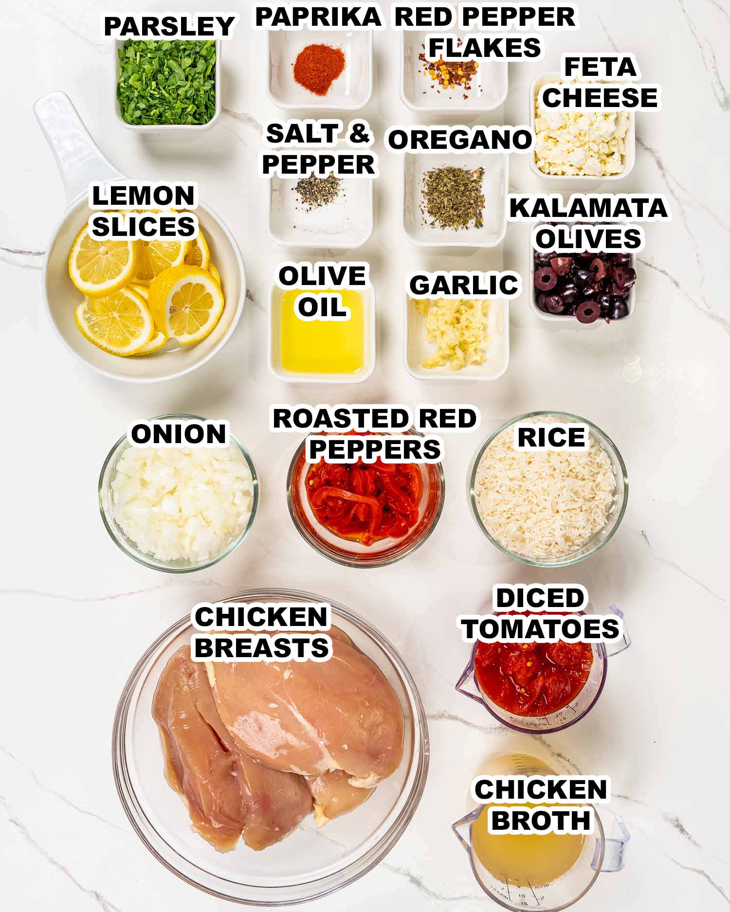 ingredients needed to make mediterranean chicken and rice.