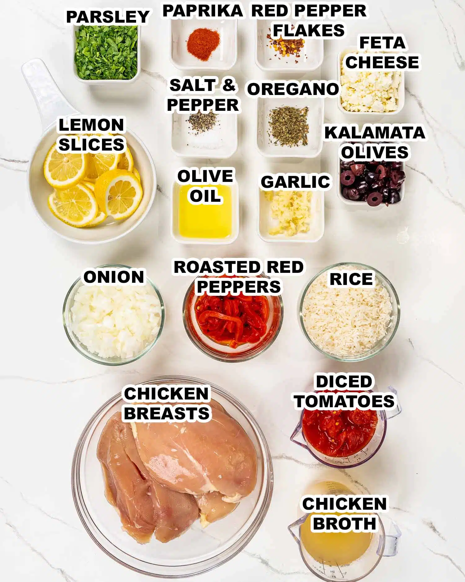 ingredients needed to make mediterranean chicken and rice.