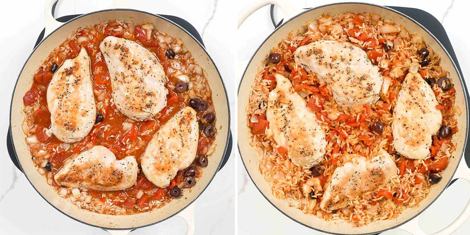 process shots showing how to make mediterranean chicken and rice.