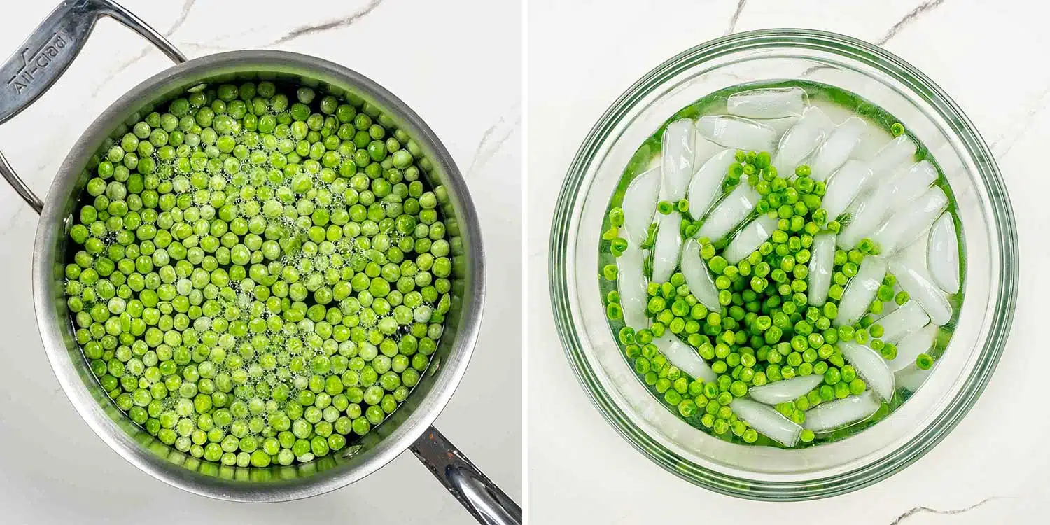 process shots showing how to make spring pea salad.