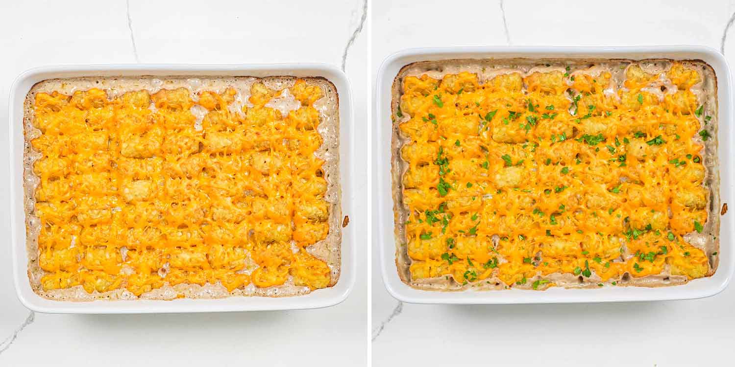 process shots showing how to make tater tot casserole.