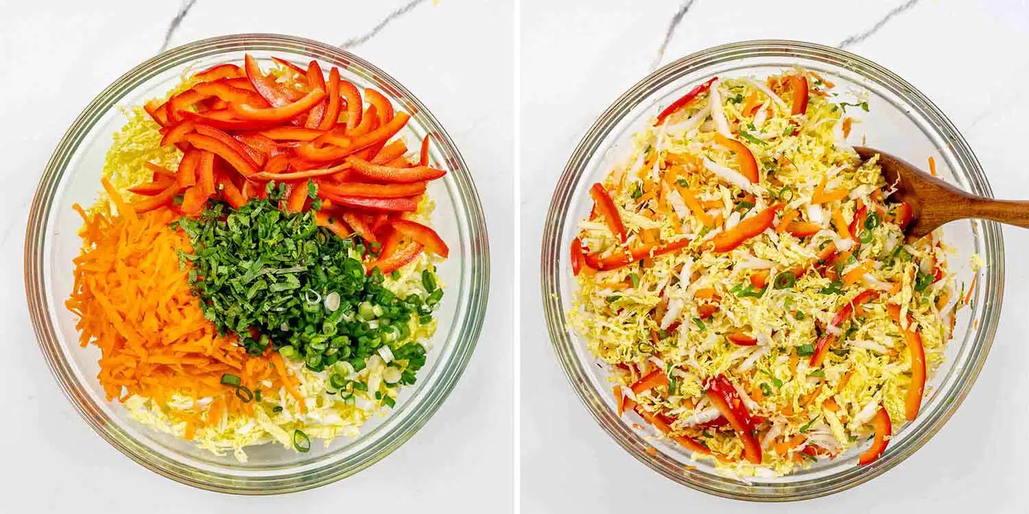 process shots showing how to make asian style slaw.