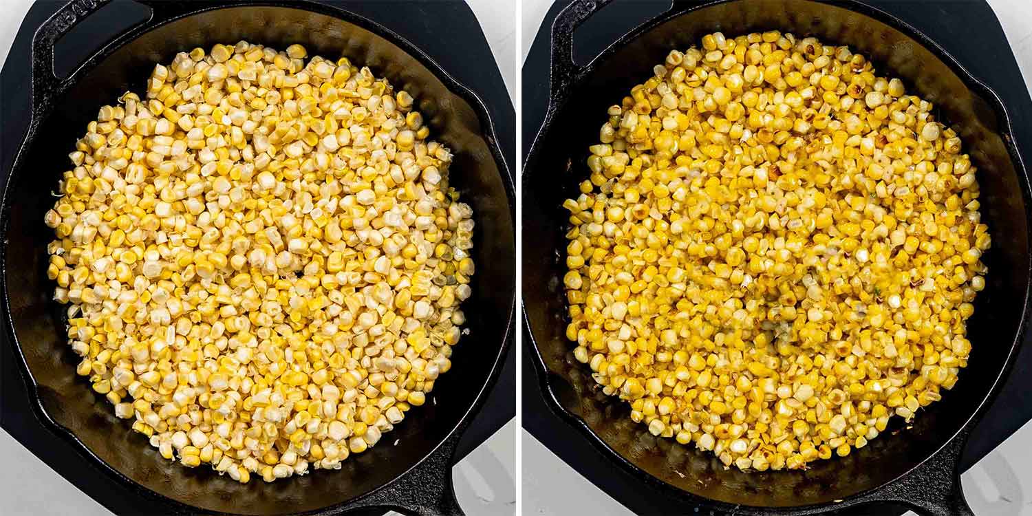 process shots showing how to make esquites (mexican street corn salad).