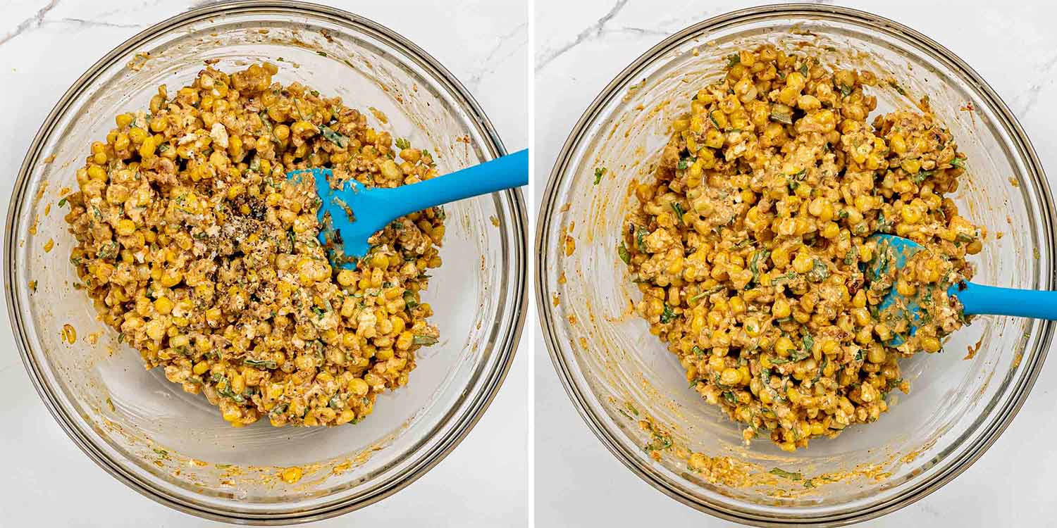 process shots showing how to make esquites (mexican street corn salad).