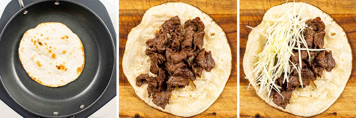 process shots showing how to make korean beef tacos.