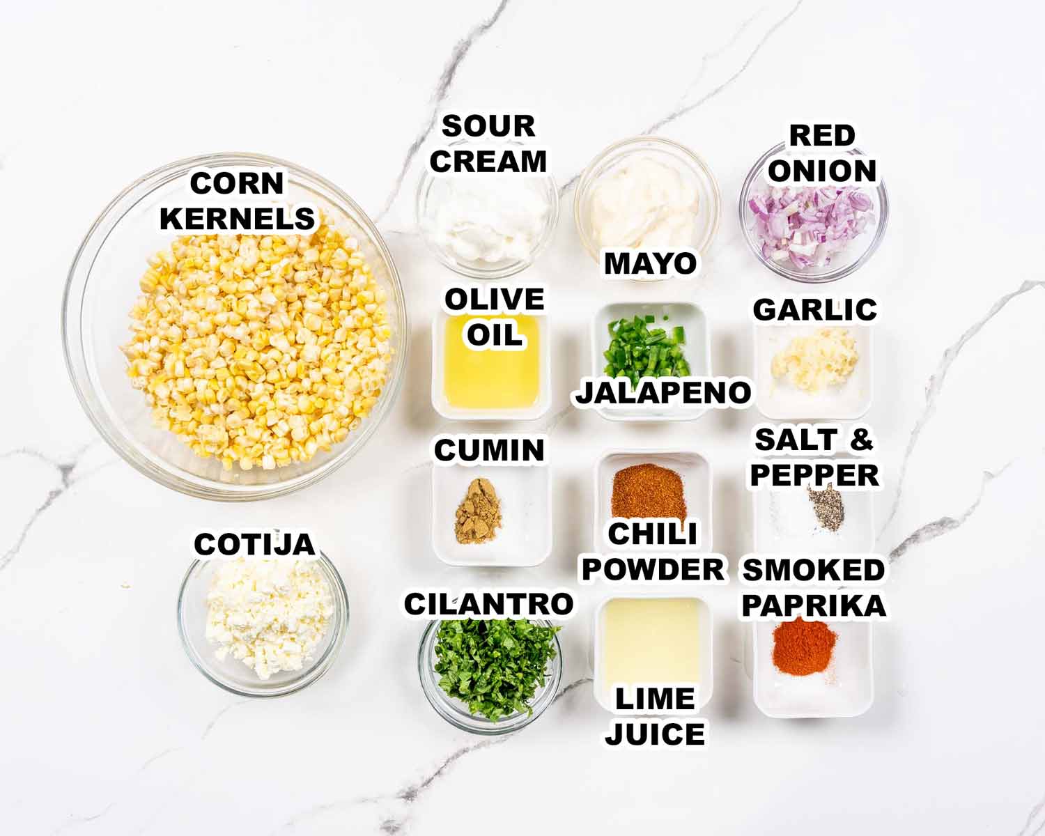 ingrediets needed to make esquites (mexican street corn salad.