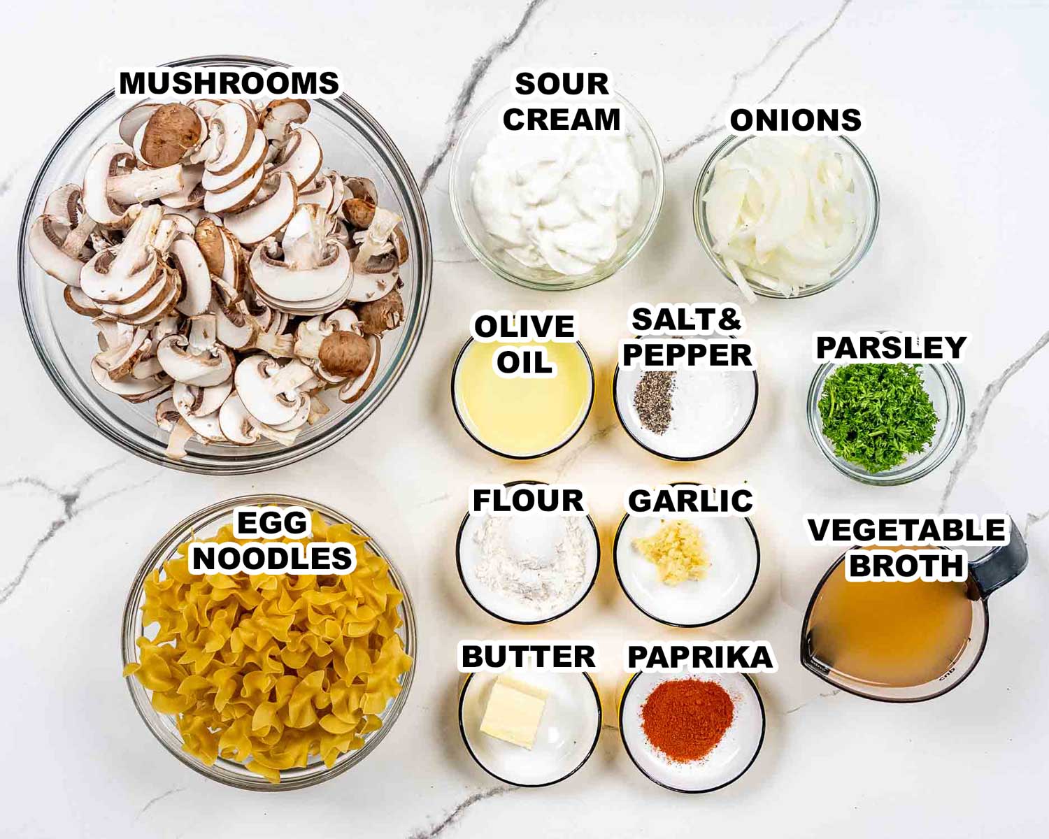ingredients needed to make mushroom stroganoff.
