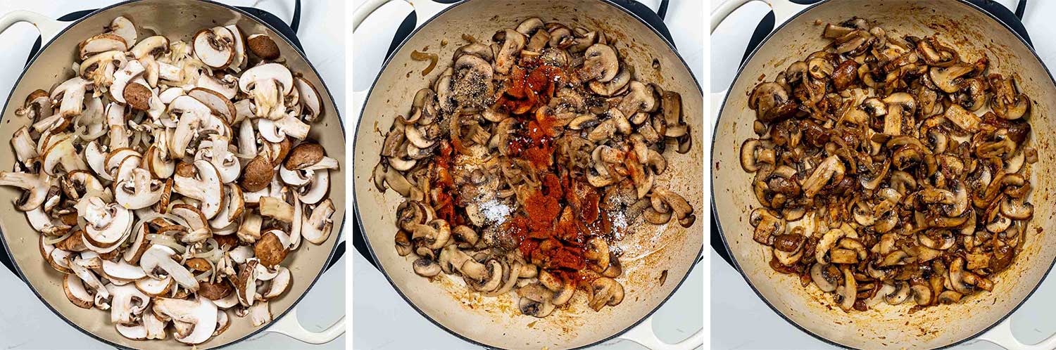 process shots showing how to make mushroom stroganoff.