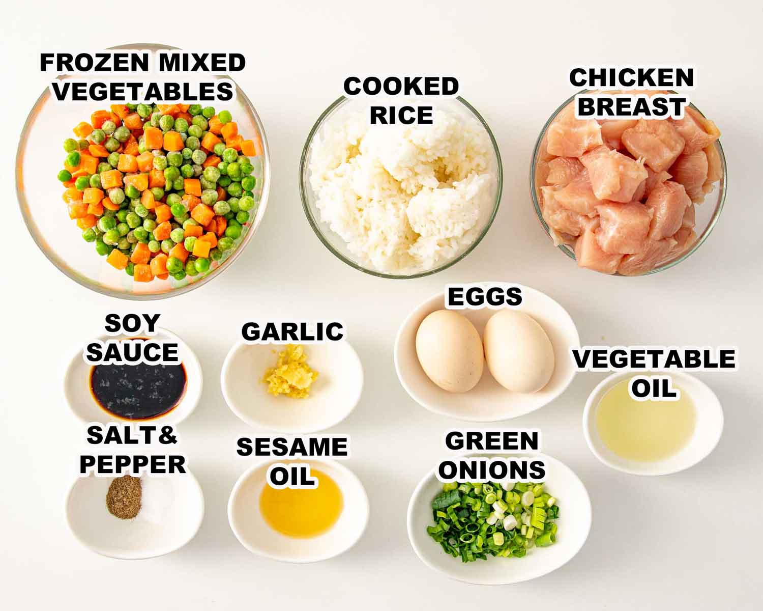 ingredients needed to make chicken fried rice.