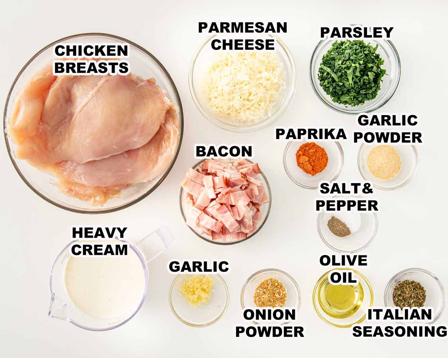 ingredients needed to make creamy bacon chicken.