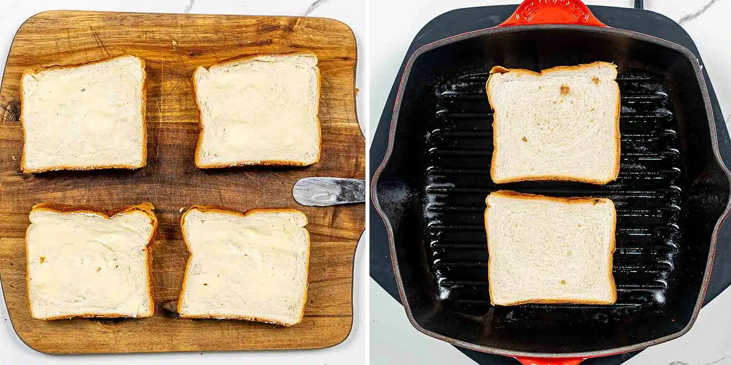 process shots showing how to make grilled cheese.