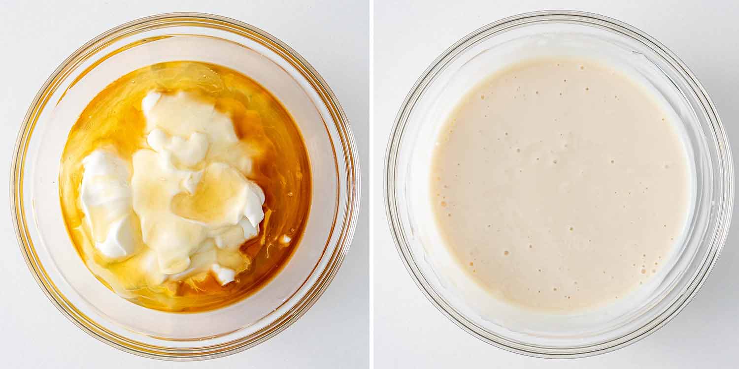 process shots showing how to make rainbow fruit skewers with yogurt dip.
