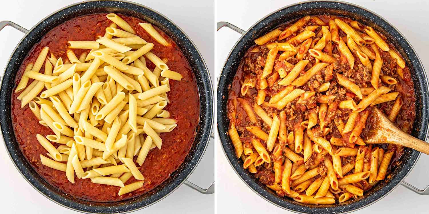 process shots showing how to make baked mostaccioli.