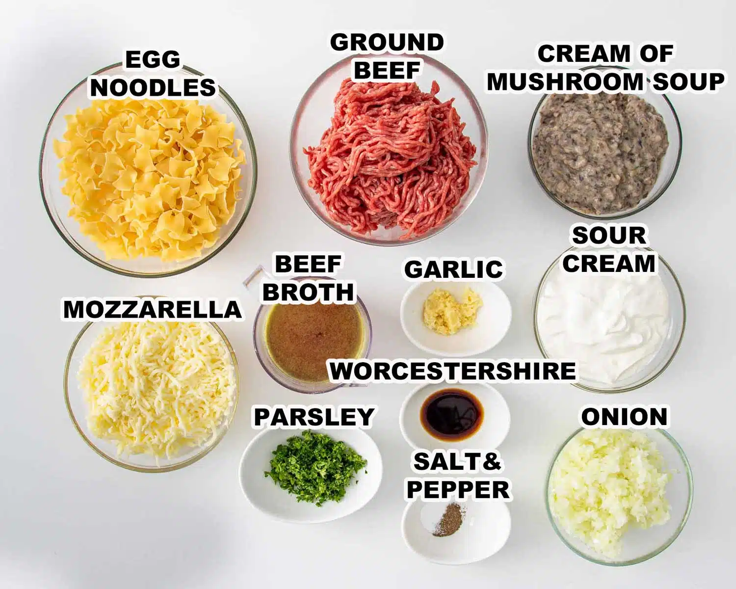 ingredients needed to make beef stroganoff casserole.