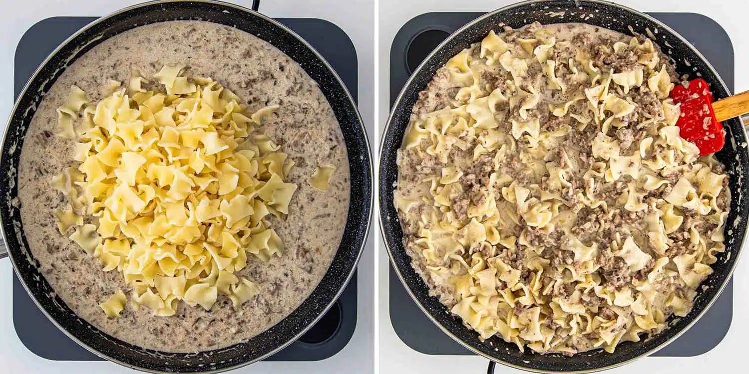 process shots showing how to make beef stroganoff casserole.