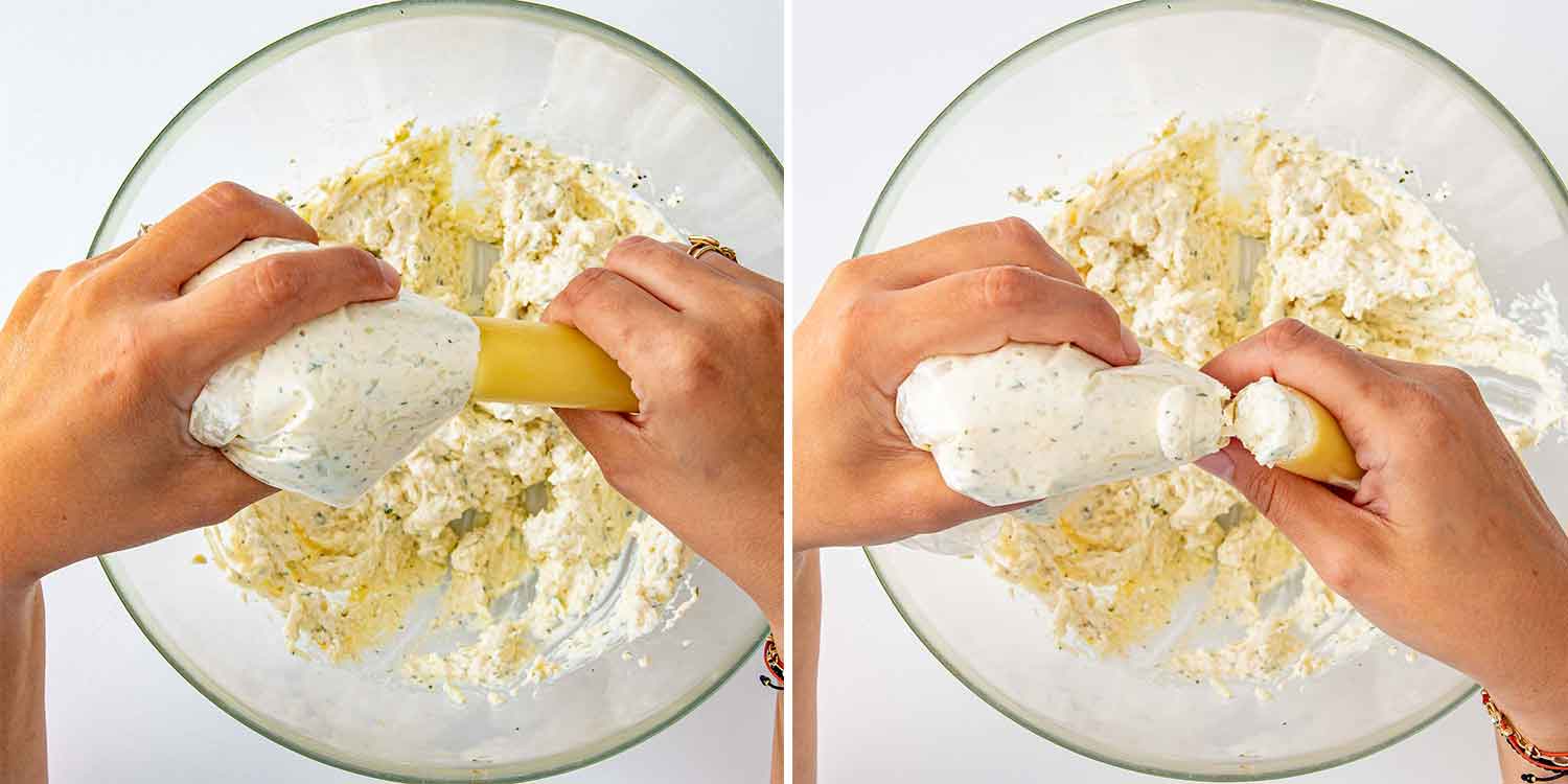 process shots showing how to make cheese stuffed manicotti.