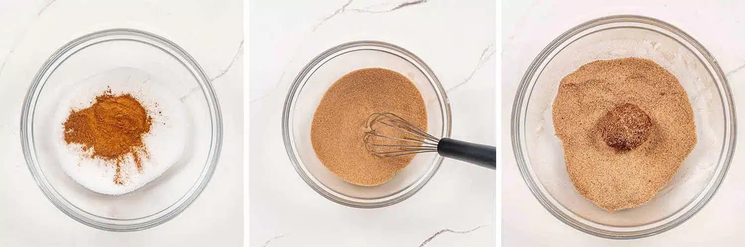 process shots showing how to make cinnamon sugar donut holes.