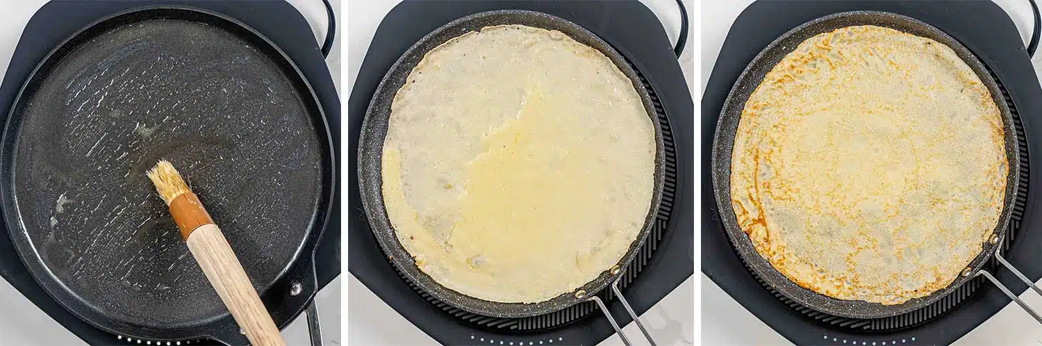 process shots showing how to make crepes.