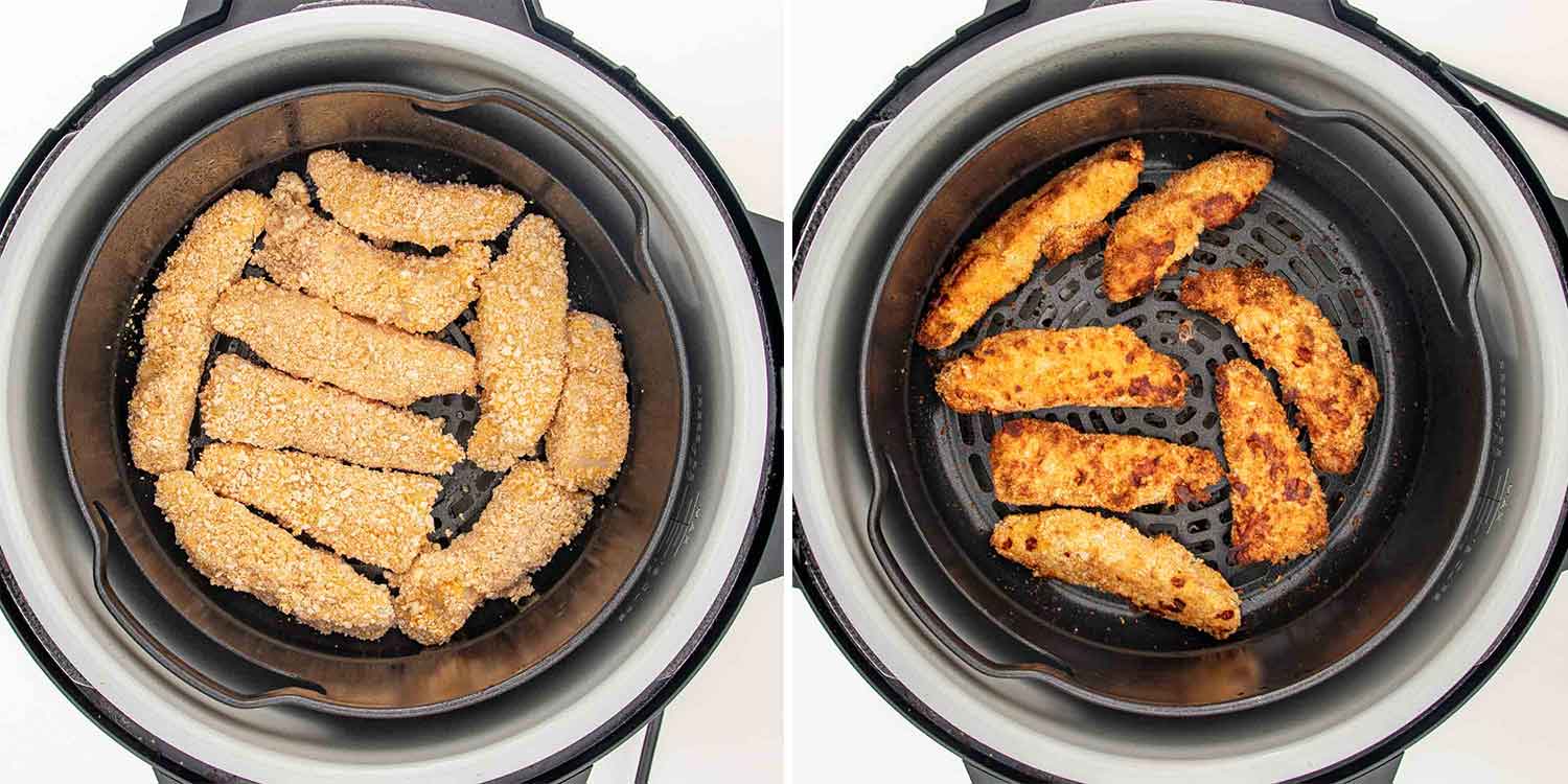 process shots showing how to make fish sticks in the air fryer.