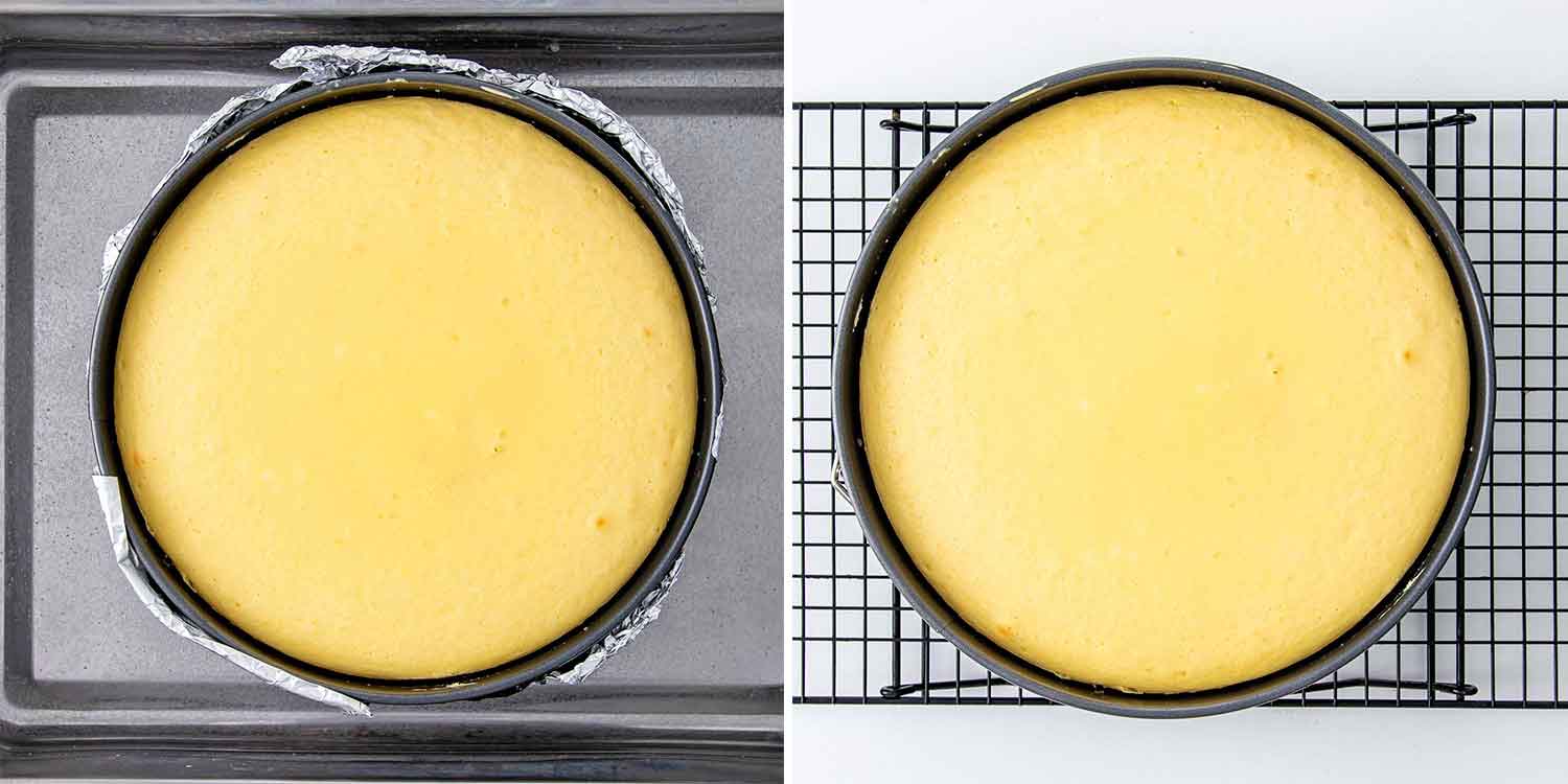 process shots showing how to make new york style cheesecake.