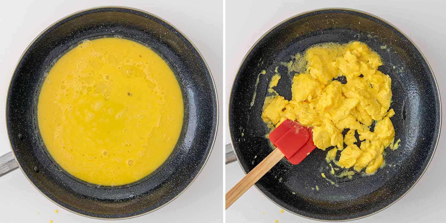 process shots showing how to make scrambled eggs.