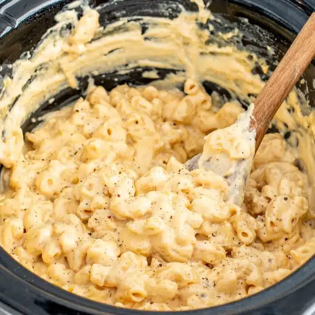 mac and cheese in a crockpot.
