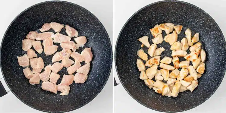 process shots showing how to make kung pao chicken.