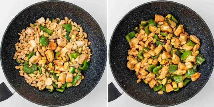 process shots showing how to make kung pao chicken.