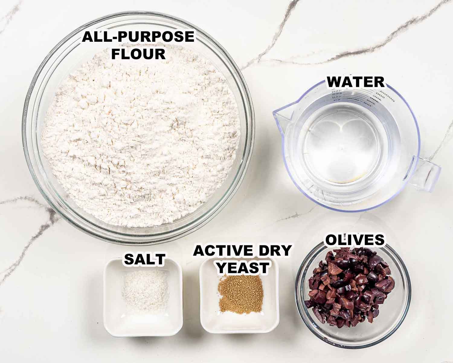 ingredients needed to make no knead olive bread.