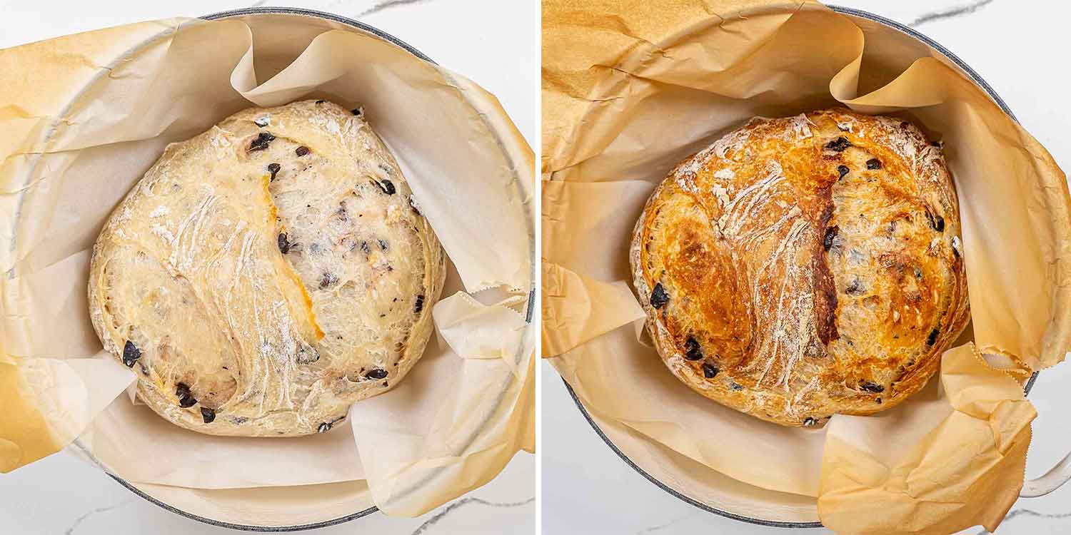 process shots showing how to make no knead olive bread.