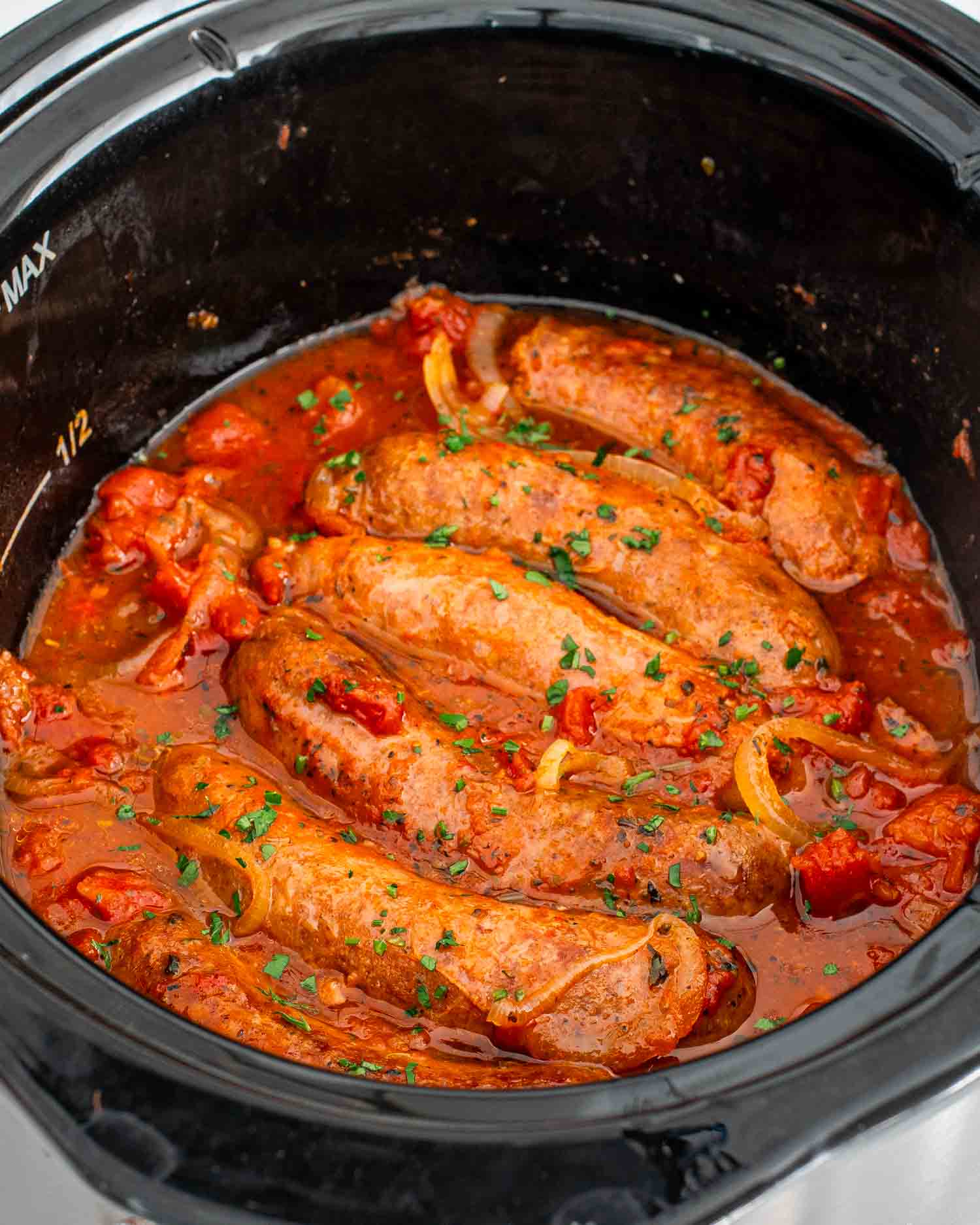 slow cooker sausage and peppers freshly made.