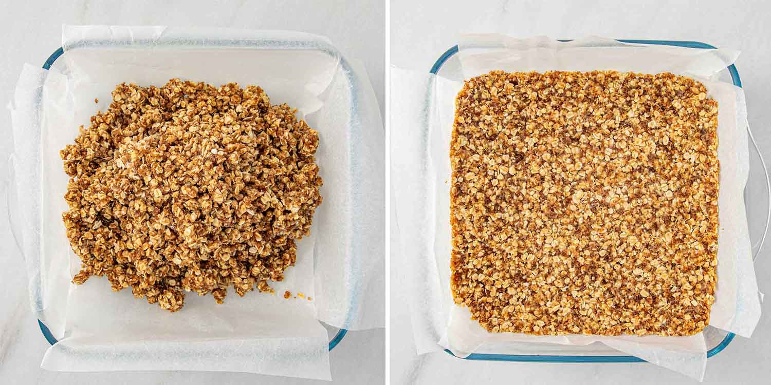 process shots showing how to make strawberry oatmeal bars.