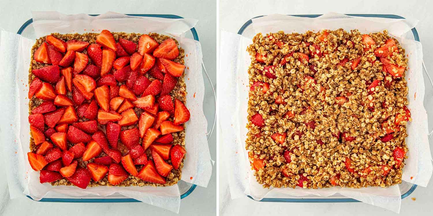 process shots showing how to make strawberry oatmeal bars.