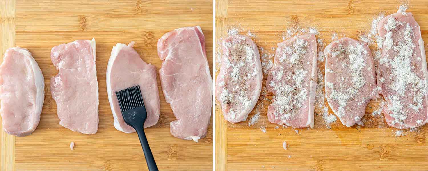 process shots showing how to make ranch pork chops in the air fryer.