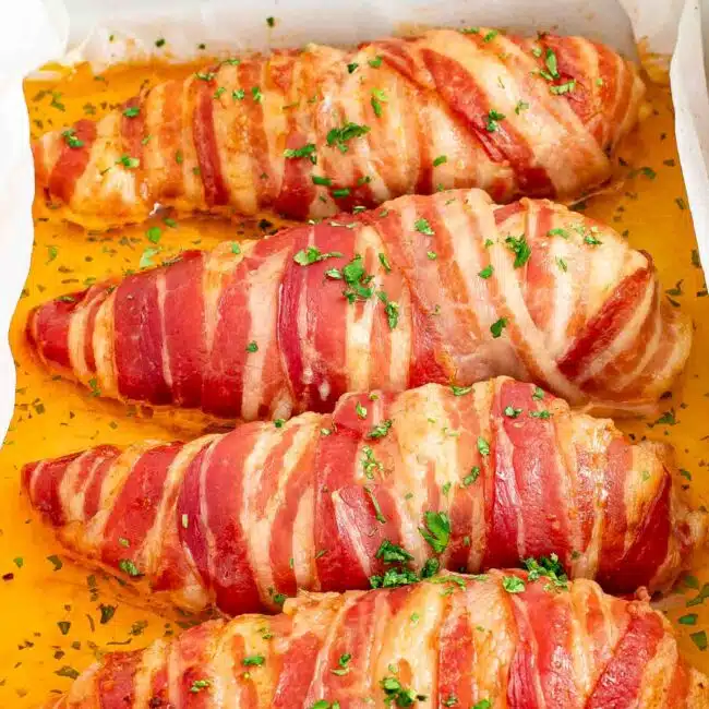 fresh out of the oven bacon wrapped chicken breast.