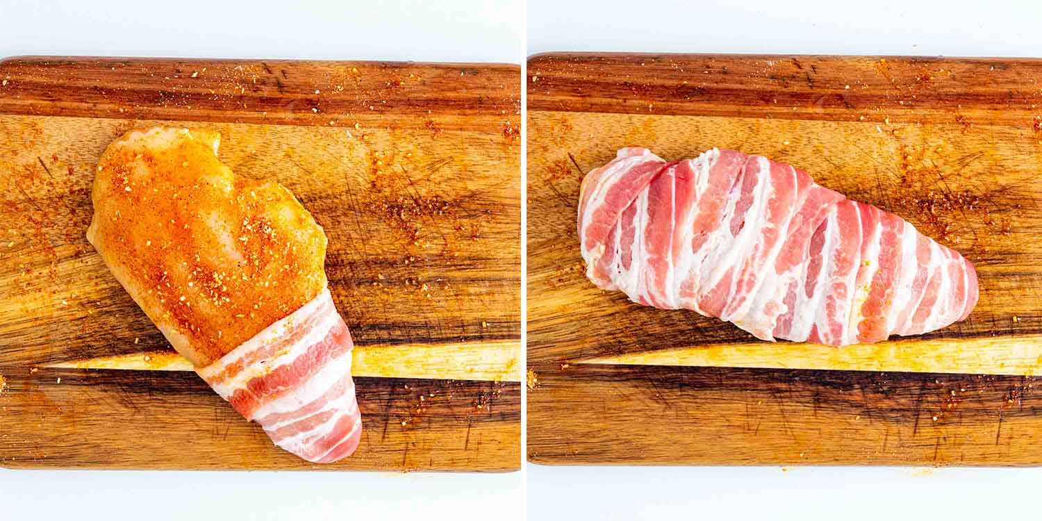 process shots showing how to make bacon wrapped chicken.