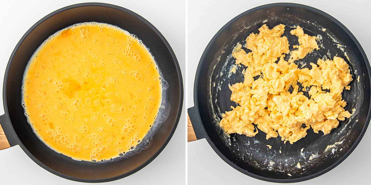 process shots showing how to make breakfast egg rolls. 