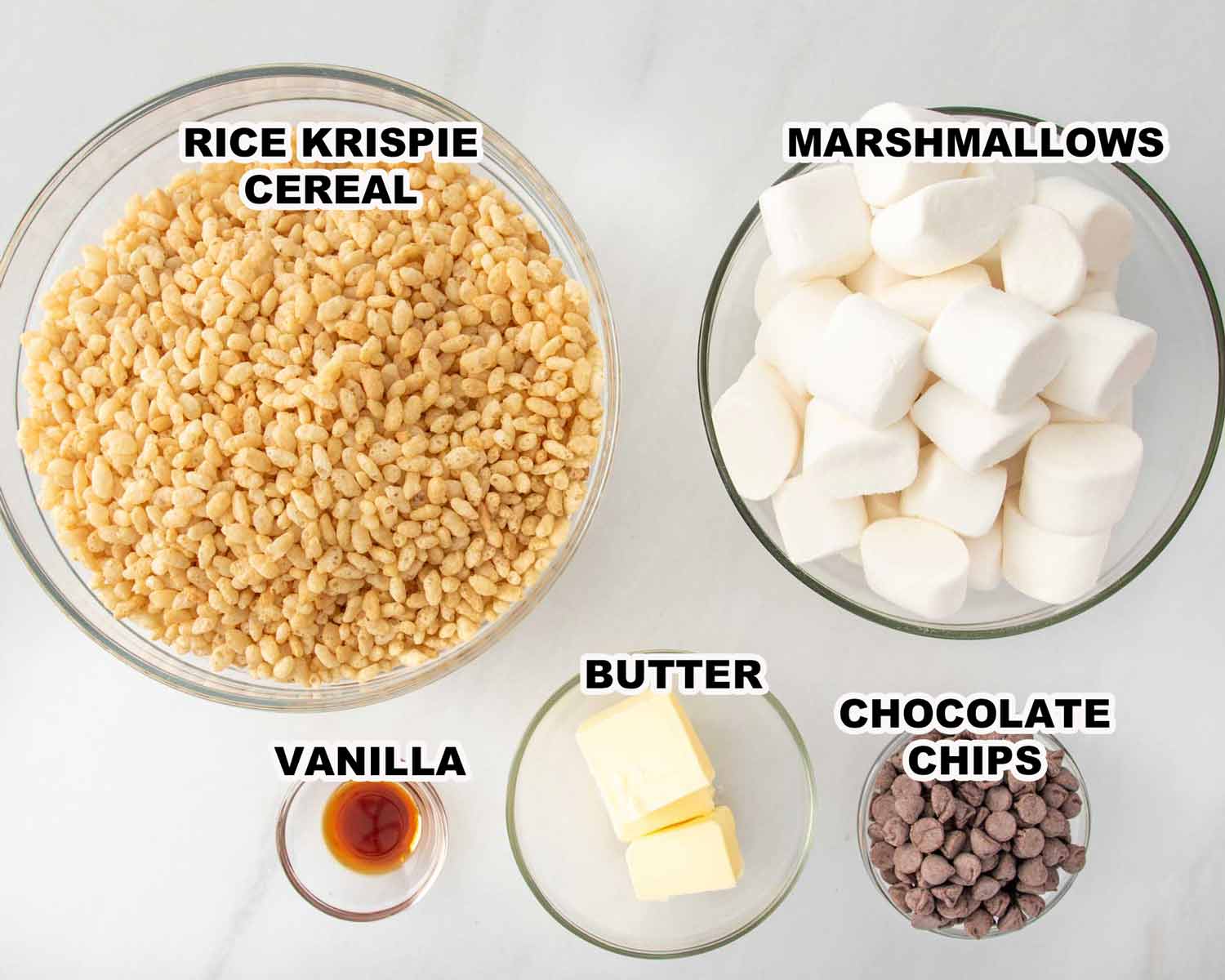 ingredients needed to make chocolate rice krispie treats.