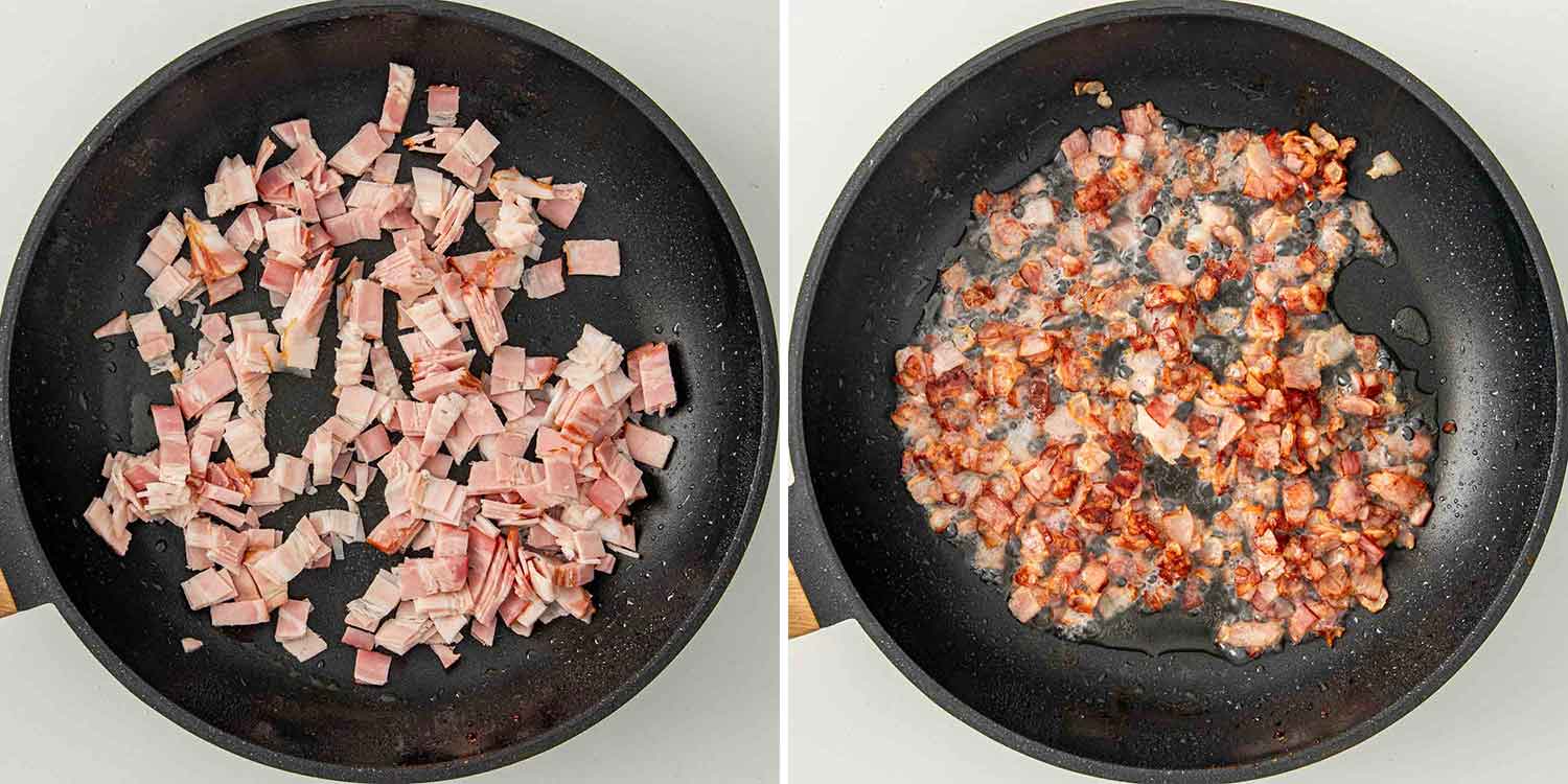 process shots showing how to make creamy bacon chicken.
